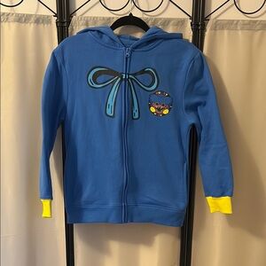 Blue Zip-Up Hoodie with Yellow Accents and Graphic Design